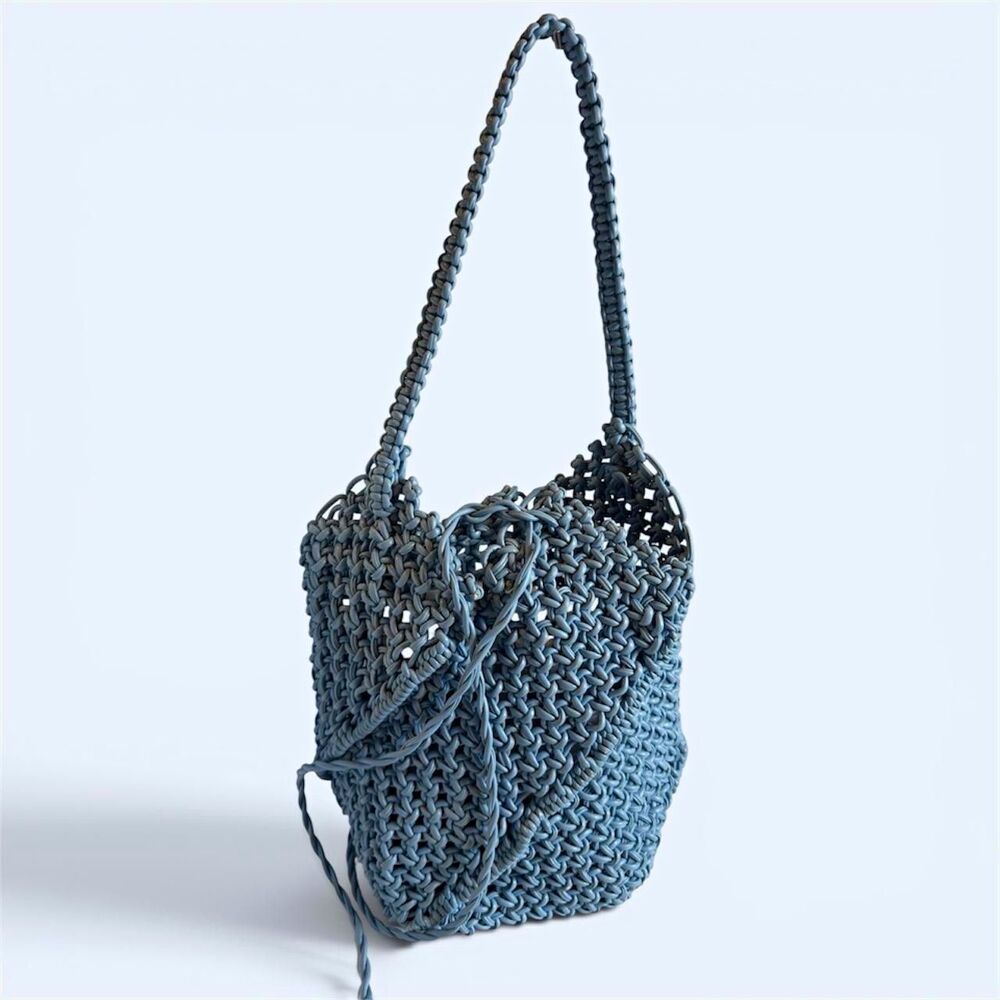 Yuzefi Blue Braided Shoulder Bag Drawstring Top Handle Gold Hardware Det Strap
